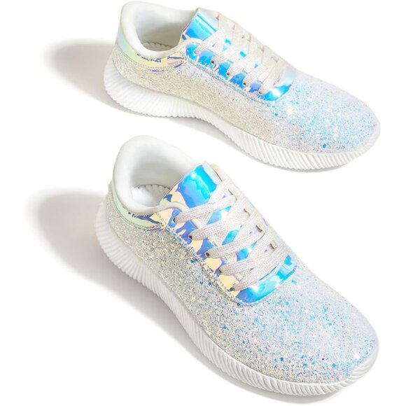 Brand New Women White Rubber LUCKY STEP Glitter Sparkly Metallic Tennis Shoes - Picture 2 of 9